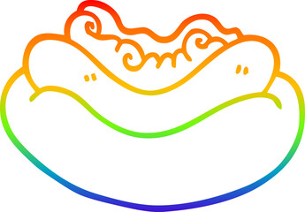 rainbow gradient line drawing cartoon hotdog in a bun - obrazy, fototapety, plakaty