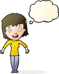 cartoon woman shrugging shoulders with thought bubble
