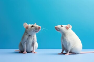 Two mice on a blue background. Animal experimentation concept
