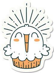 sticker of tattoo style happy singing cupcake