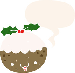 cute cartoon christmas pudding and speech bubble in retro style