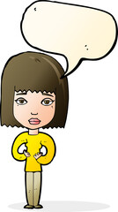 cartoon woman indicating self with speech bubble
