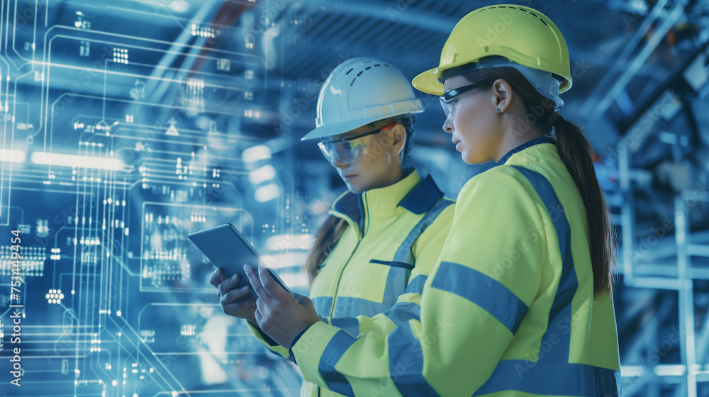 Poster male and female industrial engineers using tablet computer and blueprints checking and analysis data