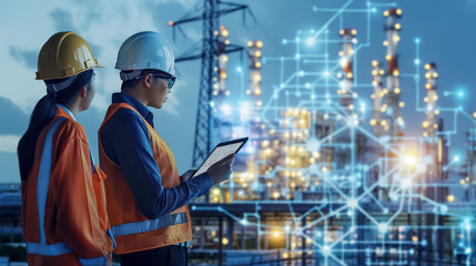 Male and female industrial engineers using tablet computer and blueprints checking and analysis data of power plant station project on network background. 