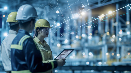 Male and female industrial engineers using tablet computer and blueprints checking and analysis data of power plant station project on network background.