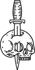 black line tattoo of a skull and dagger