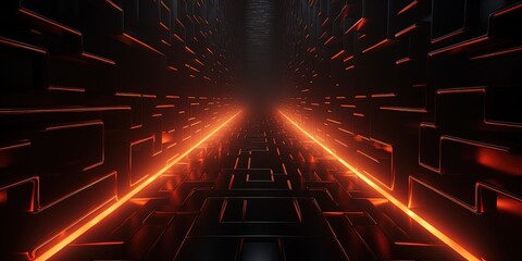 Breakthrough concept. Black maze like sci-fi style corridor or shaft background with red orange glow ahead. Abstract Exit or goal concept.
