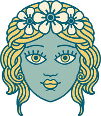 tattoo style icon of female face with crown of flowers