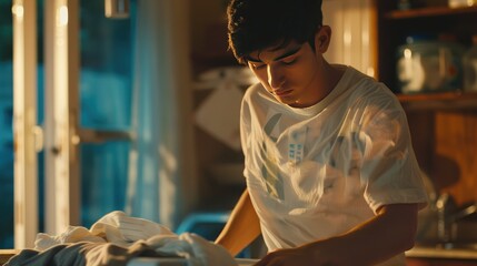 Young man doing the laundry at home - obrazy, fototapety, plakaty