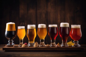 Row of glasses with beer of different types and colors on a wooden background