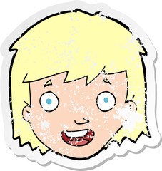 retro distressed sticker of a cartoon happy female face