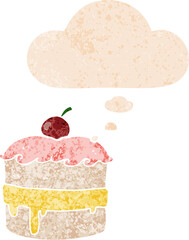 cartoon cake and thought bubble in retro textured style
