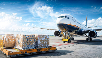 A large cargo plane is being loaded with boxes of freight on the tarmac of an airport