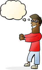 cartoon grinning man wearing glasses with thought bubble