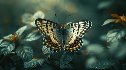 Obraz premium close-up photo of a rare butterfly spreading its wings in a shady forest, macro