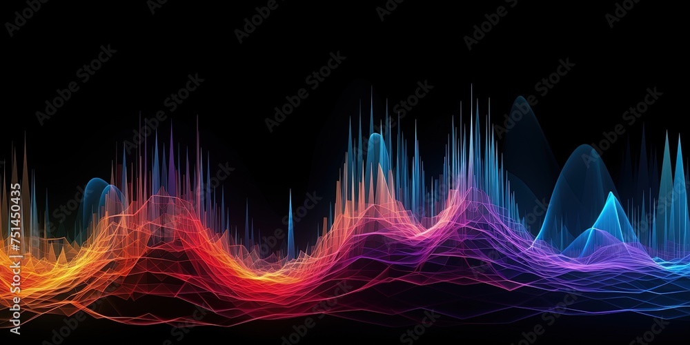 Poster a bright and vivid spectrum of audio visual waveforms, showcasing dynamic patterns and rich colors