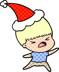 comic book style illustration of a stressed man wearing santa hat