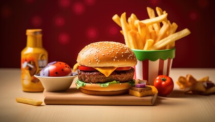 A mini burger, surrounded by french fries, sliced tomatoes, and a dollop of ketchup, all arranged neatly on a wooden cutting board
