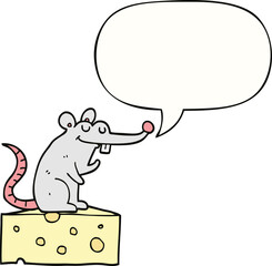 cartoon mouse sitting on cheese and speech bubble