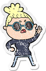 distressed sticker of a cartoon annoyed woman