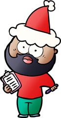 gradient cartoon of a bearded man with clipboard and pen wearing santa hat
