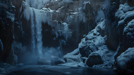 Winter Wonderland Waterfall: Magical Scene with Snow and Ice Creating Frosty Atmosphere - obrazy, fototapety, plakaty