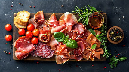 Rustic Charcuterie: Wooden Board with Ham, and More. Generative AI - obrazy, fototapety, plakaty