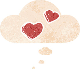cartoon love hearts and thought bubble in retro textured style