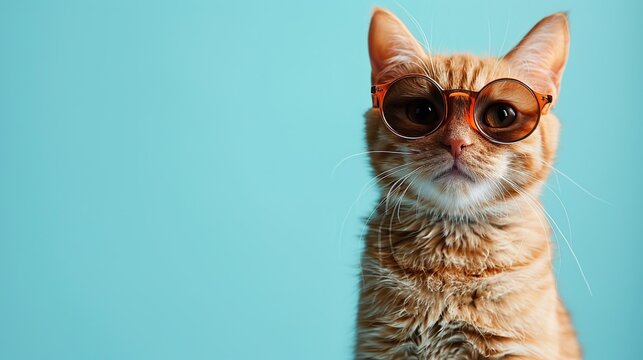 Closeup portrait of funny ginger cat wearing sunglasses isolated on light cyan