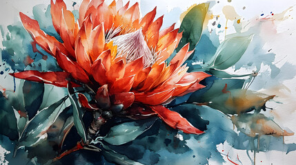 Modern Watercolor Protea Painting for Decor and Invitations. Generative AI