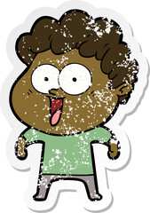 distressed sticker of a cartoon happy man