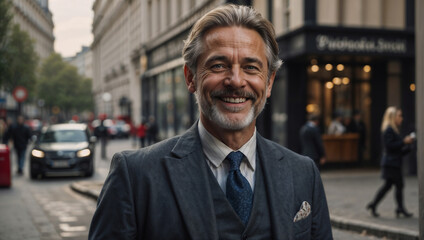 Elegante uomo di 50 anni che lavora nel distretto finanziario di Londra sorridente prima di...