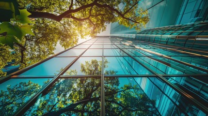 Eco-friendly building in the modern city. Sustainable glass office building with tree for reducing carbon dioxide. Office building with green environment. Corporate building reduce CO2   - obrazy, fototapety, plakaty