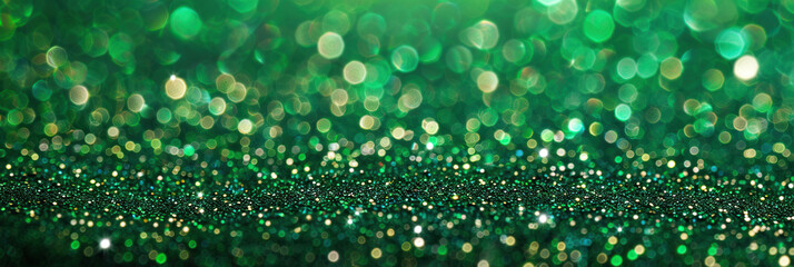 Abstract shiny green glitter background. Emerald green glitter wide horizontal background - obrazy, fototapety, plakaty