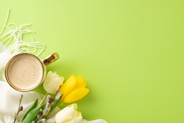 Spring Bliss concept: Top view snapshot of a warm cappuccino, fresh tulips, pussy willow and light...
