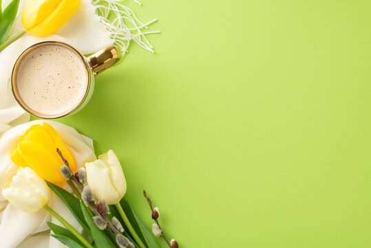 Spring's Arrival theme: Top view of frothy cappuccino, fresh tulips, pussy willow and warm scarf on pastel green surface, offering space for text or promos