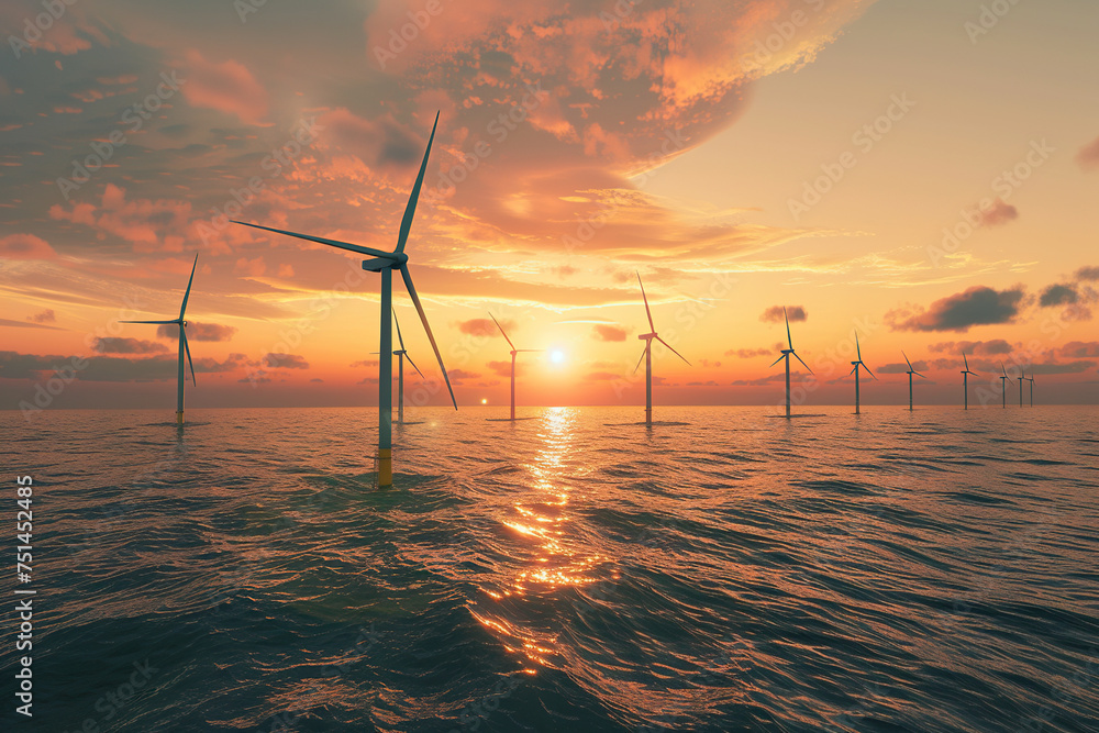 Wall mural An offshore wind farm with turbines in the ocean, Gentle waves at the bases and a serene sunset background - Wall murals