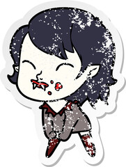 distressed sticker of a cartoon vampire girl with blood on cheek