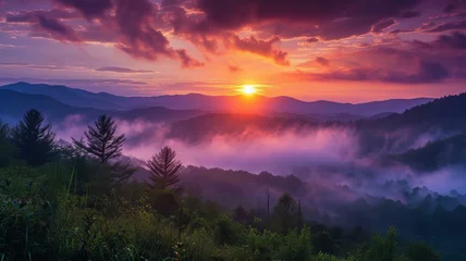 Fotobehang a beautiful sunrise in the smoky mountains, AI Generative © Alisa