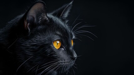 a black cat with yellow eyes on a black background, in the style of wimmelbilder, AI Generative