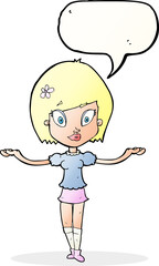 cartoon woman making balancing gesture with speech bubble