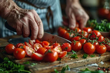 Fotobehang A chef slicing tomatoes, close to the hands, warm hard light, on a wooden board, kitchen countertop, many vegetables on the counter © wolfhound911