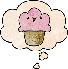 cartoon cupcake with face and thought bubble in grunge texture pattern style