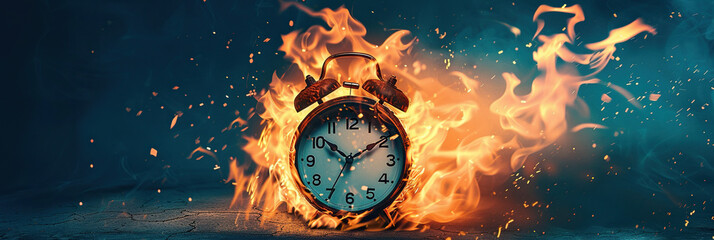 Burning alarm clock. Time out or deadline pressure concept. Clock on fire, symbol of hot sale, discounts, shopping time, countdown. Oversleep, waste of time, insomnia. Time is ending, running out. - obrazy, fototapety, plakaty