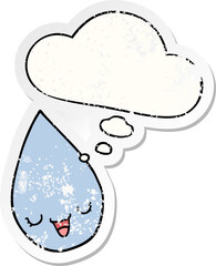 cartoon raindrop and thought bubble as a distressed worn sticker