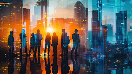 Business group meeting and business deal, double exposure with city skyline and office building in background - obrazy, fototapety, plakaty