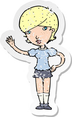 retro distressed sticker of a cartoon girl waving
