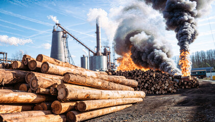 Pile of logs burning on the background of a large industrial factory