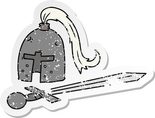 distressed sticker cartoon doodle of a medieval helmet and sword