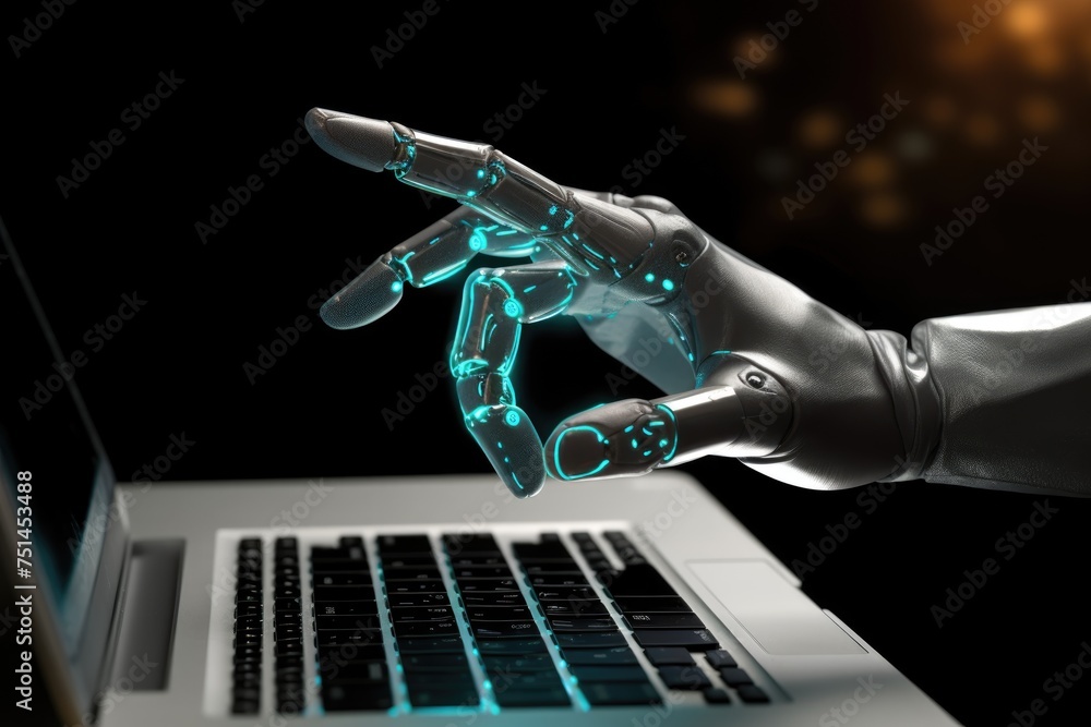 Aufkleber hand of futuristic robot press the button on keyboard. conceptual technology design.